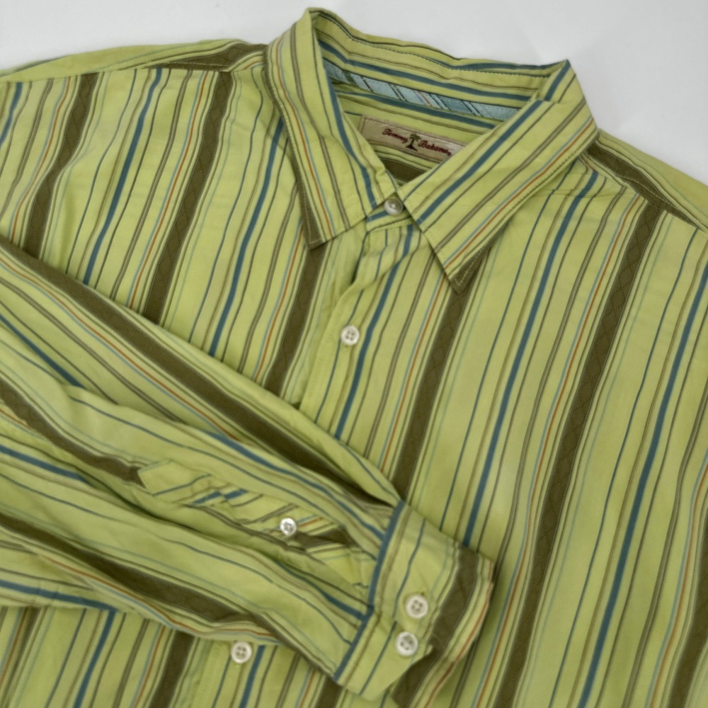 Tommy Bahama Men XXL Silk Blend Striped Long Sleeve Button Up Shirt Green Resort